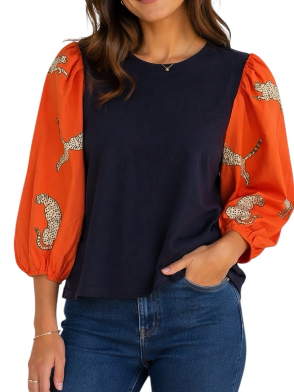 THML Crew Neck Long Puff Sleeve Textured Leopard Print Size S - Picture 9 of 9